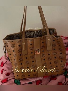 MCM Liz Shopper Cognac Visetos Canvas Reversible Logo Tote with Leather Trim